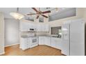 Bright kitchen featuring white appliances, cabinetry, and light wood-look flooring at 1746 Grey Fox Dr, Lakeland, FL 33810