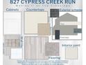 Wesley II color selections showcasing the cabinets, countertops, flooring, paint, and exterior scheme at 827 Cypress Creek Run, St Cloud, FL 34771