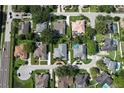 An aerial view of a suburban neighborhood showcases well-manicured lawns and many private pools at 943 Hamilton Place Ln, Lakeland, FL 33813