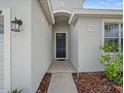 Inviting front entrance featuring a stylish door and manicured landscaping with wood mulch at 2544 Ladoga Dr, Lakeland, FL 33805