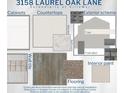 A collection of design choices including cabinets, countertops, paint, flooring, and exterior accents used in the home at 3158 Laurel Oak Ln, Winter Haven, FL 33884