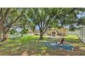 Expansive backyard with mature trees, lush greenery, and play equipment at 6757 High Grove Dr, Lakeland, FL 33813