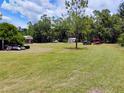 Expansive backyard with lush green grass, mature trees, and multiple outbuildings for ample storage at 6915 Dove Meadow Trl, Lakeland, FL 33810