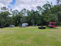 Open backyard with lush grass and a backdrop of mature trees, accented by parked cars and storage sheds at 6915 Dove Meadow Trl, Lakeland, FL 33810