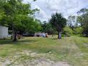 Expansive backyard showcasing mature trees, green grass, and rustic outbuildings with a vehicle in the distance at 6915 Dove Meadow Trl, Lakeland, FL 33810