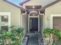 Inviting entryway with a striking front door, manicured landscaping, and decorative lighting fixtures at 1125 Blackjack Ridge St, Minneola, FL 34715