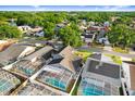 Aerial view of a neighborhood showcasing backyard pools and green trees at 8818 Tottenham Way, Kissimmee, FL 34747