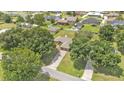 Aerial shot of the property featuring mature trees, a long driveway, and lush green lawn at 113 W Juliana Way, Auburndale, FL 33823