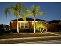 Charming single-story home with lush landscaping and two swaying palm trees in the front yard, all beautifully lit at night at 3325 Pintello Ave, New Smyrna Beach, FL 32168