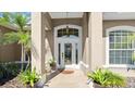 Elegant front entry featuring a decorative glass door, transom window and tiled porch at 29 Promenade At Lionspaw, Daytona Beach, FL 32124