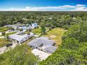 Aerial view shows this single story home has a large backyard, mature trees, and neighborhood pool at 1812 Bayview Dr, New Smyrna Beach, FL 32168