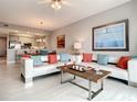 Bright living room with modern furnishings and an open concept design to the kitchen at 7 Riverwalk Dr # 205, New Smyrna Beach, FL 32169