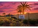 A stone entrance to Parks of Edgewater under palm trees and a colorful sunset, creating a welcoming impression at 3963 Willowbrook Dr, Edgewater, FL 32141