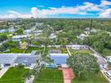 Aerial shot of a home in a neighborhood with lush greenery, mature trees and blue skies above at 805 E 15Th Ave, New Smyrna Beach, FL 32169
