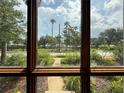 A picturesque window view framing lush greenery, palm trees, and a bright, inviting sidewalk at 125 Rio Vista Dr, Edgewater, FL 32132
