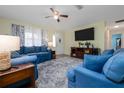 Cozy living room featuring comfortable blue sofas, patterned rug, and a large screen TV at 210 Delespine Dr, Debary, FL 32713