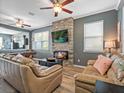 Comfortable living room with a stone fireplace, ceiling fans, and lots of natural light at 19 Abacus Ave, Ormond Beach, FL 32174