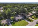 An aerial view showing the single-story home nestled among mature trees in a quiet neighborhood at 1421 Pine Tree Dr, Edgewater, FL 32132