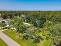 An aerial view of a home nestled among lush greenery, offering a serene setting at 3045 Pine Tree Dr, Edgewater, FL 32141
