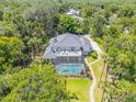 Aerial view showcasing a luxury home with a screened pool, lounging area, and beautiful green surroundings at 6325 Palmas Bay Cir, Port Orange, FL 32127