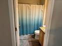 Cozy bathroom featuring wood-look floors, granite vanity and a shower with a blue ombre curtain at 806 Grantham Dr, Kissimmee, FL 34758