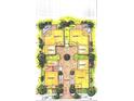 Bird's eye architectural rendering of a 4-unit property floor plan, including gardens and parking spaces at 2260 Hawick Ln, Winter Park, FL 32792