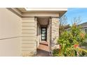 Inviting front entrance with stone columns and a modern door at 3201 Songbird Cir, Harmony, FL 34773