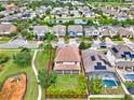 Beautiful aerial view of a two-story home with a fenced backyard and screened porch in a Gathering-friendly community at 5232 Villa Rosa Ave, St Cloud, FL 34771