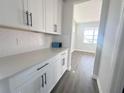 Pantry featuring white cabinets and countertops adjacent to a naturally lit room at 5280 Teirgarten St, Saint Cloud, FL 34771