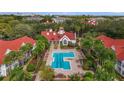Aerial view of a community pool surrounded by lush greenery and palm trees at 11574 Westwood Blvd # 1112, Orlando, FL 32821