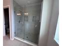 Beautifully tiled shower with frameless glass door and niche storage in a modern bathroom at 5069 Rain Shadow Dr, Saint Cloud, FL 34772