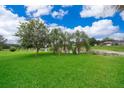Expansive backyard featuring lush green grass, mature trees, and water view at 577 Sunridge Woods Blvd, Davenport, FL 33837