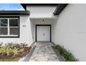 Inviting entryway with a stylish stone walkway leading to a double front door framed by black trim at 205 E 17Th St, Apopka, FL 32703