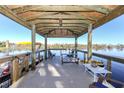 Covered dock featuring seating, a table, and boating access, perfect for enjoying the waterfront lifestyle at 1043 Lemon Bluff Rd, Osteen, FL 32764