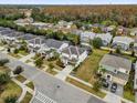 Aerial of the neighborhood featuring multiple modern homes with well-manicured lawns and a tree-lined landscape, offering scenic community views at 4571 Cabello Loop, Kissimmee, FL 34746