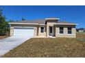 Inviting tan single-Gathering home featuring a two-car garage, green lawn and a well-lit entryway at 4655 Sw 139Th Ln, Ocala, FL 34473
