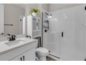 Modern bathroom with a toilet, vessel sink, storage cabinet, and sleek, glass-enclosed shower at 10157 Spring Lake Dr, Clermont, FL 34711
