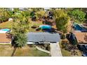 Aerial shot showcasing a private backyard oasis with a sparkling pool surrounded by lush greenery and mature trees at 4317 Ne 12Th St, Ocala, FL 34470