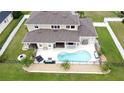 Beautiful aerial view of pool and patio with outdoor bar, backs to lake, and well-maintained grounds at 3301 Buckingham Way, St Cloud, FL 34772