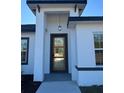 Modern front entrance with glass and wood door, sleek design, and pendant light at 6579 Sw 132Nd St, Ocala, FL 34473