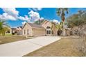 Tan house with palm trees, a large driveway, and a neatly landscaped yard at 905 Hatteras Ave, Minneola, FL 34715