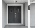 Double dark gray front doors with glass panels and brass hardware at 851 Marllo Rd, Kissimmee, FL 34744