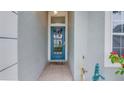 Blue front door entryway with a tiled pathway and landscaping at 654 Harbor Villa Ct, Clermont, FL 34711