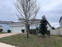 Well-kept home with a brick driveway, green lawn, trimmed bushes, and a small tree in the front yard at 1504 Finchburg St, Minneola, FL 34715