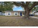 Tan house with blue door, white shutters, and a large tree in the front yard at 1404 Adair St, Ocoee, FL 34761