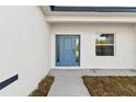 Home's exterior features a light blue front door, white siding, and a well-maintained walkway at 17902 Sw 39Th Ct, Ocala, FL 34473