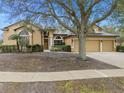 Tan house with a large tree, three-car garage, and manicured lawn at 24728 Calusa Blvd, Eustis, FL 32736