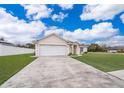 Tan house with white garage door, lush green lawn, and a driveway at 1101 James Ave, Deltona, FL 32738