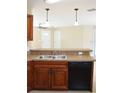 Modern kitchen featuring dark wood cabinetry, granite countertops, and a built-in dishwasher at 7080 Hemlock Crse, Ocala, FL 34472