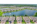 Stunning aerial view of a lakeside community showcases well-maintained homes, scenic water features, and lush greenery at 17597 Summersweet Way, Clermont, FL 34714